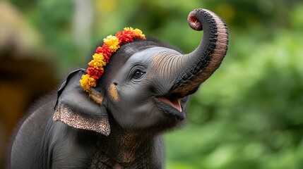 Baby elephant is smiling and wearing colorful flower garland on its head in the lush green environment.