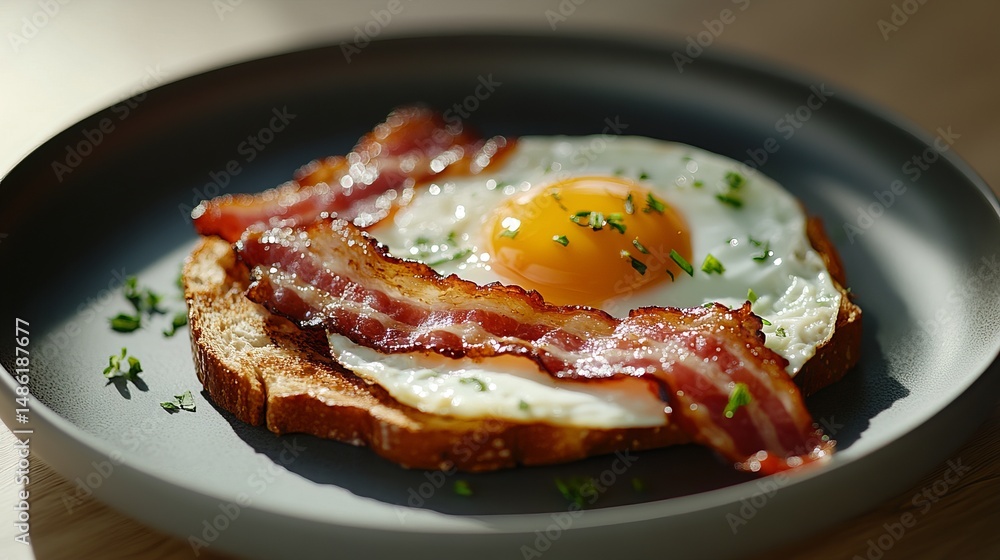 Poster bacon and egg sit atop a slice of toast garnished with parsley on a gray plate. - high quality bacon