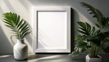 Elegante maqueta de póster con marco blanco, sombras y plantas