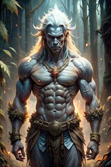 Fototapeta premium Mythic Jungle Warrior God with Celestial Machete