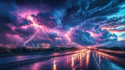 Vibrant Thunderstorm Over City Highway at Dusk with Lightning and Reflections