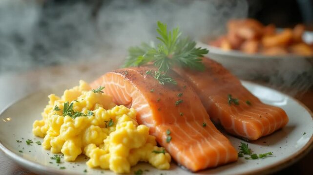 Served restaurant platter of salmon and scrambled eggs on a plate with smoke