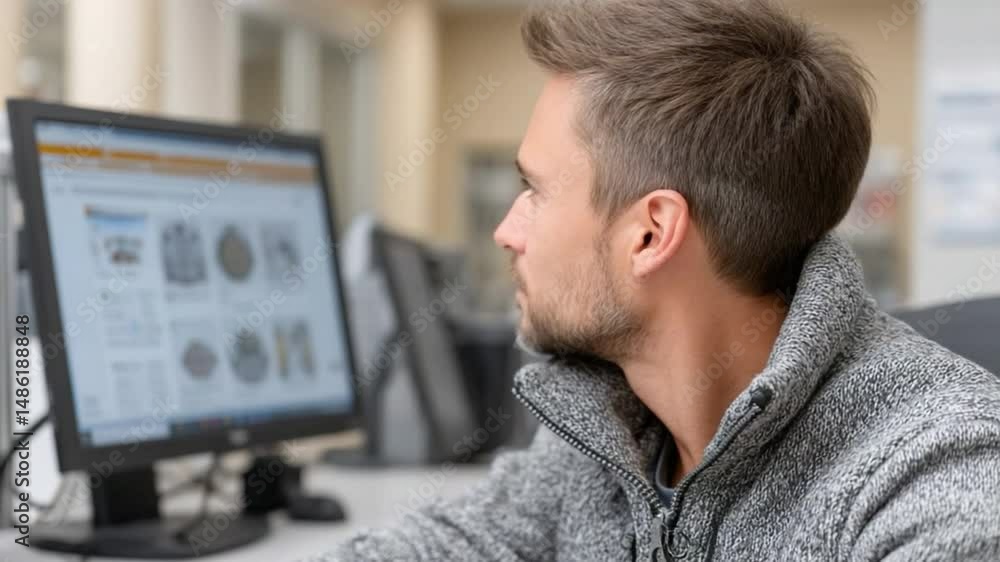 Aufkleber focused attention: a focused individual at work with a display screen, deeply engaged in analyzing i