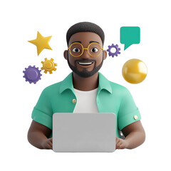 Animated african american male developer with laptop amidst digital elements