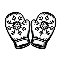 Winter Mittens Pair with Snowflake Design in Black and White Isolated on Background