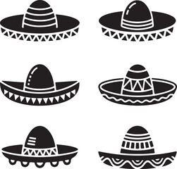 Six Different Styles of Sombrero Hats Black and White Icons