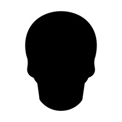 Monochromatic black silhouette depiction of a human skull on white backdrop