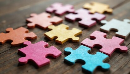 Fototapeta premium Scattered jigsaw puzzle pieces on wooden table, showing various shapes and colors , table, board game, background