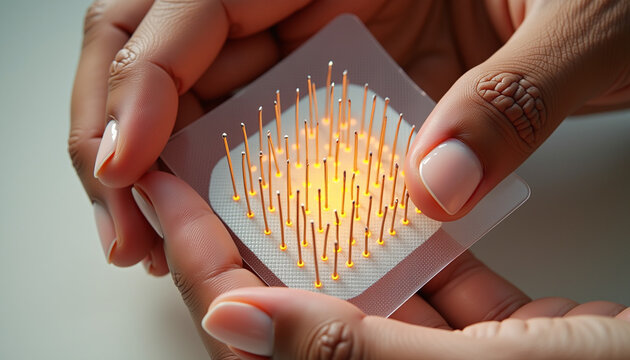Close-up of hands holding a microarray chip with tiny pins for genetic analysis in a laboratory setting.