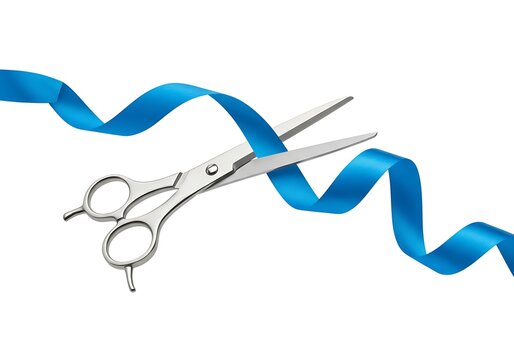 Scissors cutting a blue ribbon