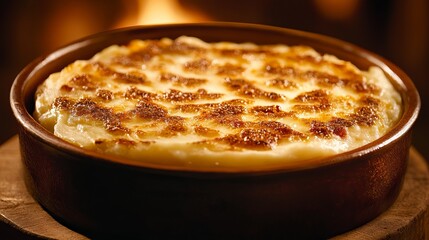 Baked gratin dish presents a crispy brown topping inside of an earthenware bowl on a wooden surface.