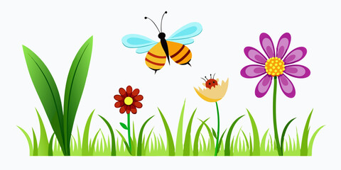 Cute Cartoon Bee Butterfly Flowers and Grass Illustration