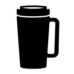 Black silhouette of a large travel mug with handle and lid