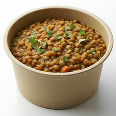 close up of vegan lentil stew with herbs, served hot in ready meal bowl, rich color profile, soft natural shadows, isolated on white background