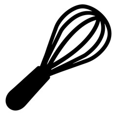 A simple black and white image of a kitchen whisk utensil