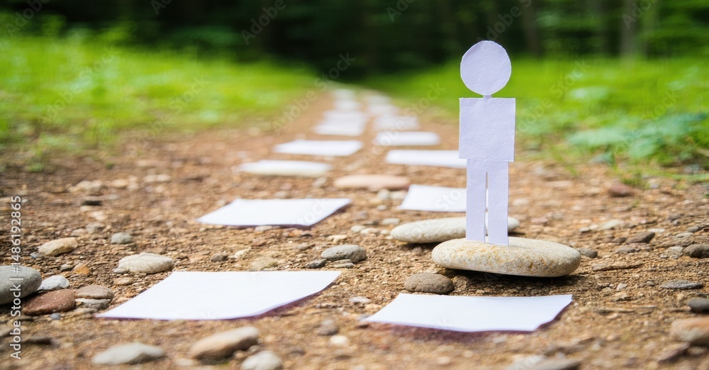 Poster paper figure stands on path made from stones, papers. forest background suggests journey, exploratio