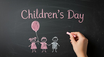 Children's Day chalk drawing on blackboard with children and balloon illustration and hand holding chalk