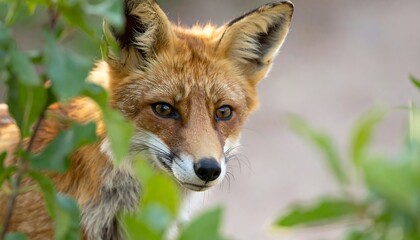 Fototapeta premium Close Up Portrait of Red Fox Looking Through Green Foliage with Attentive Eyes