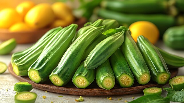 Fresh green pointed gourds perfectly aligned with lemons high resolution image