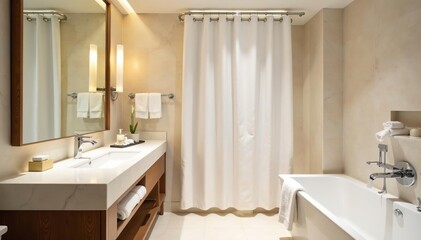Luxury hotel bathroom featuring a pristine white shower curtain, clean lines, and modern fixtures , wellness, contemporary