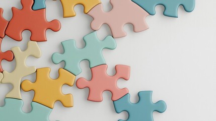 Obraz premium Group of colorful jigsaw puzzle pieces scattered on a white background. the pieces are of different sizes and colors, including red, orange, yellow, pink, blue, and light blue.