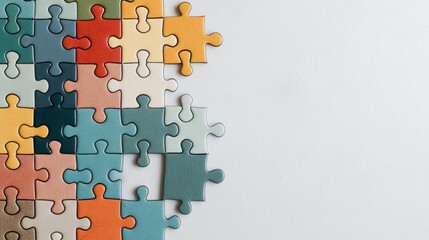 Close-up of a jigsaw puzzle piece. the puzzle pieces are arranged in a grid-like pattern, with each piece having a different color - red, orange, yellow, green, blue, and white.