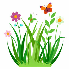 Colorful Butterflies and Flowers in Lush Green Grass