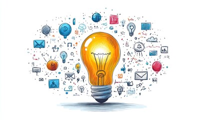 Conceptual illustration of a glowing lightbulb surrounded by icons