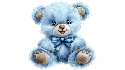 Watercolor blue teddy bear sitting with a bow tie and gentle eyes, white bg