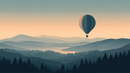 Fototapeta premium Misty mountain landscape with hot air balloon. Sunrise over valley
