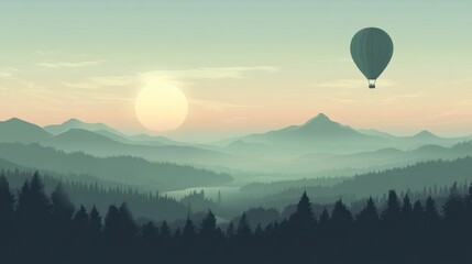 Fototapeta premium Misty mountain landscape at sunrise with hot air balloon