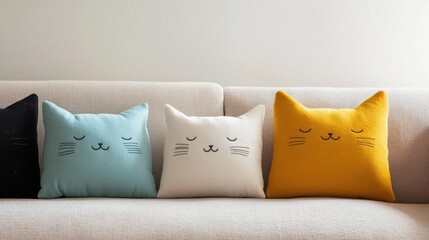Four throw pillows on a beige couch. the pillows are arranged in a row, with three on the left side of the couch and two on the right side. all three pillows have a cat face design on them.