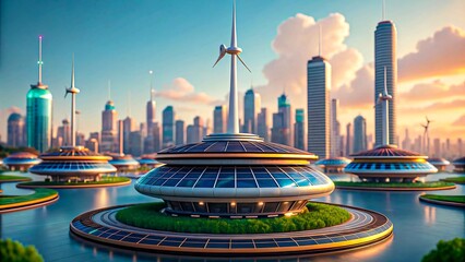 Fototapeta premium Futuristic Eco Cityscape Sustainable Architecture Green Energy Windmills Solar Panels City of Tomorrow