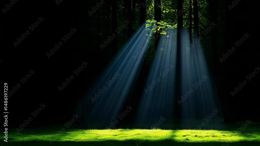 Poster sunlit path in the dark forest: an artistic capture of sunlight cascading through the dense canopy, 