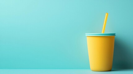 Yellow plastic cup with a blue lid and a yellow straw. the cup is placed on a light blue background. the straw is inserted into the cup and is lying on the right side of the image.