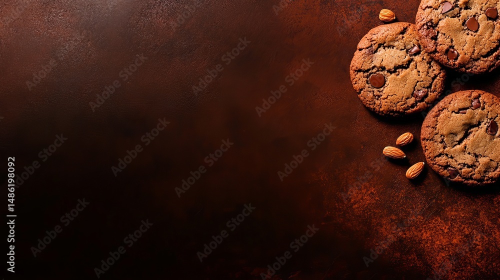 Aufkleber chocolate chip cookies are displayed with almonds on a textured brown surface with dark shadows.