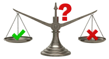 Isolated Scales of Justice with Question Mark Tick and Cross Symbols