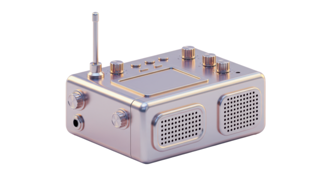 Isolated Metallic Silver Retro Radio with Antenna and Controls