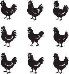Nine Black Silhouettes of Chickens and Hens