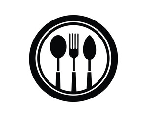 Kitchen plate, spoon, fork and knife vector icon. Symbol of flatware isolated on white background. Utensil for eat. Logo for restaurant, cafe, hotel menu, graphic design.