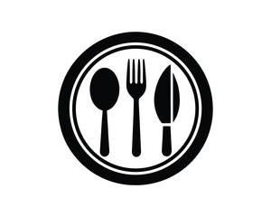 Kitchen plate, spoon, fork and knife vector icon. Symbol of flatware isolated on white background. Utensil for eat. Logo for restaurant, cafe, hotel menu, graphic design.