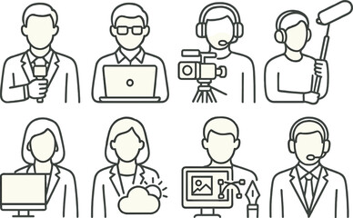 Newsroom outline icons set – simple, media and journalism representation collection