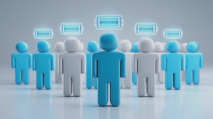 Obraz premium 3D figures with battery icons above their heads symbolize energy, productivity, and motivation in a group setting.