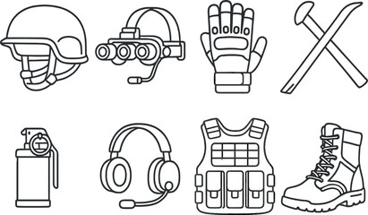 Swat gear outline icons set - tactical, military protection and equipment symbols
