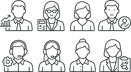 Office job icons set – outline, workplace and career symbols, professional designs