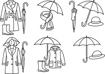 Rainy day linear icons set - outline, weather and chic accessories symbols