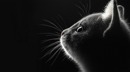 Black and white photograph of a cat's face. the cat is facing towards the right side of the image, with its head turned slightly to the left.