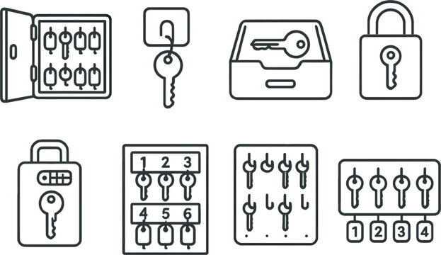 Key storage options silhouette icons set &ndash; security, lock and safety symbols