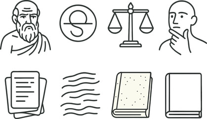 Philosophical concepts outline icons set – think, wisdom, knowledge symbols