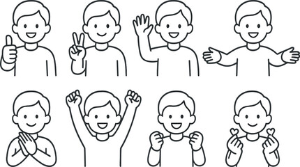 Expressive gesture linear icons set &ndash; outline, emotive actions and simple symbols